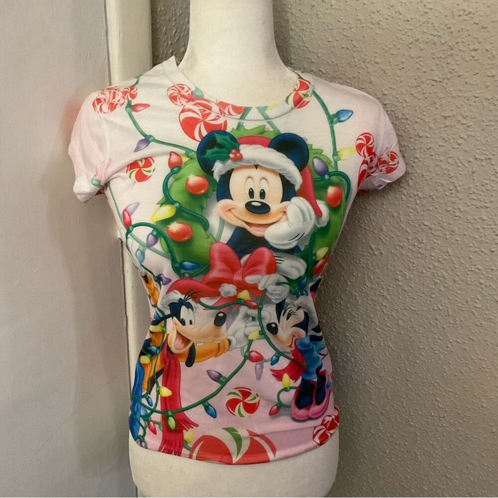 Disney Junior’s Holiday Lights Mickey Mouse Print Short Sleeve Tee S Christmas